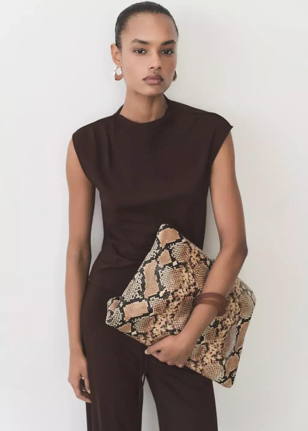 Brown T-Shirt With Gathered Asymmetrical Neck, , medium