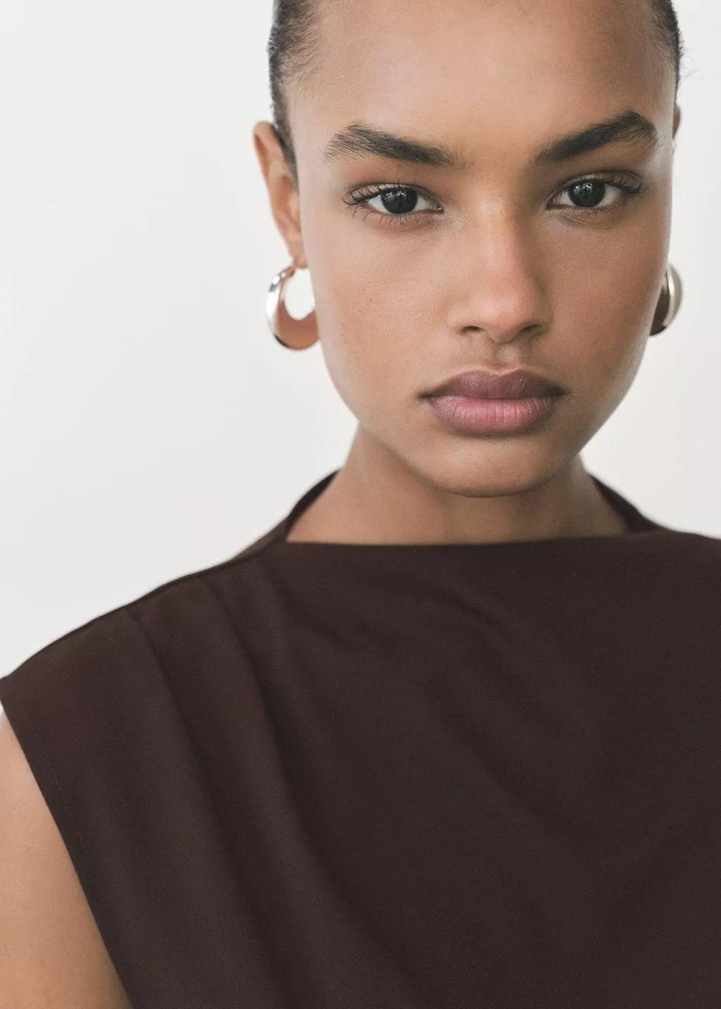 Brown T-Shirt With Gathered Asymmetrical Neck, , large image number 1