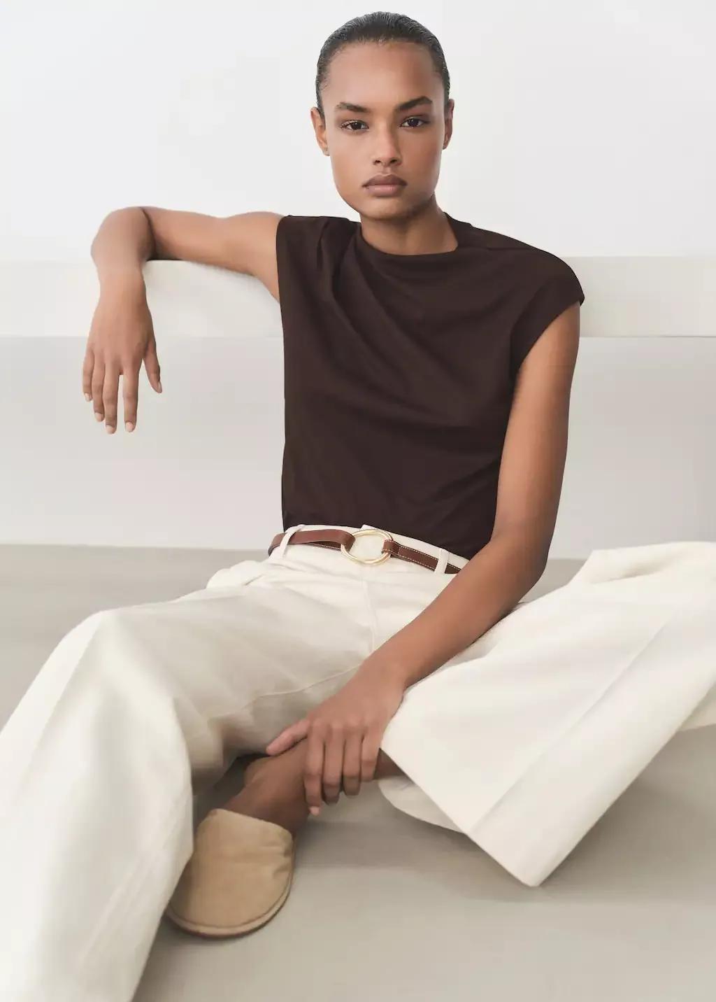Brown T-Shirt With Gathered Asymmetrical Neck, , large image number 2