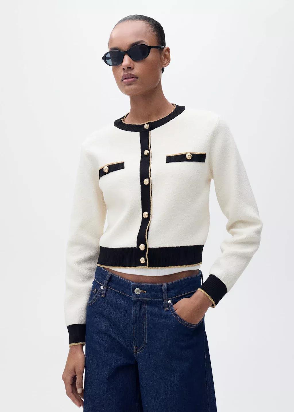 Beige Knitted Cardigan With Double Trim, , medium