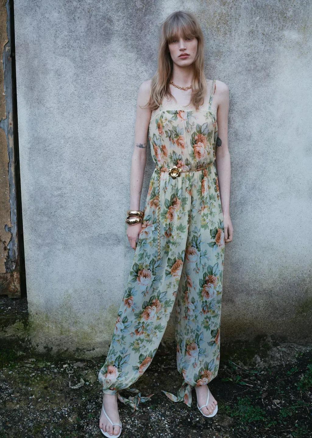 Beige Floral Jumpsuit Long, , large image number 5