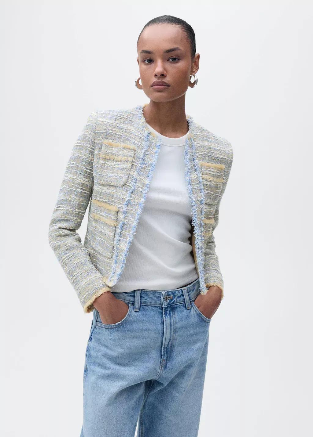 Blue Lt Pastel Tweed Jacket With Frayed Ends, , medium