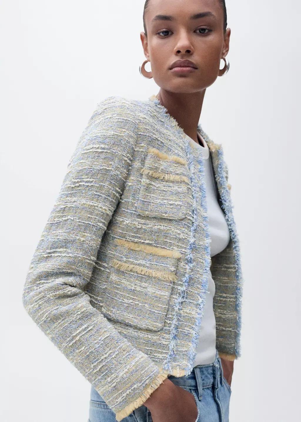 Blue Lt Pastel Tweed Jacket With Frayed Ends, , large image number 1