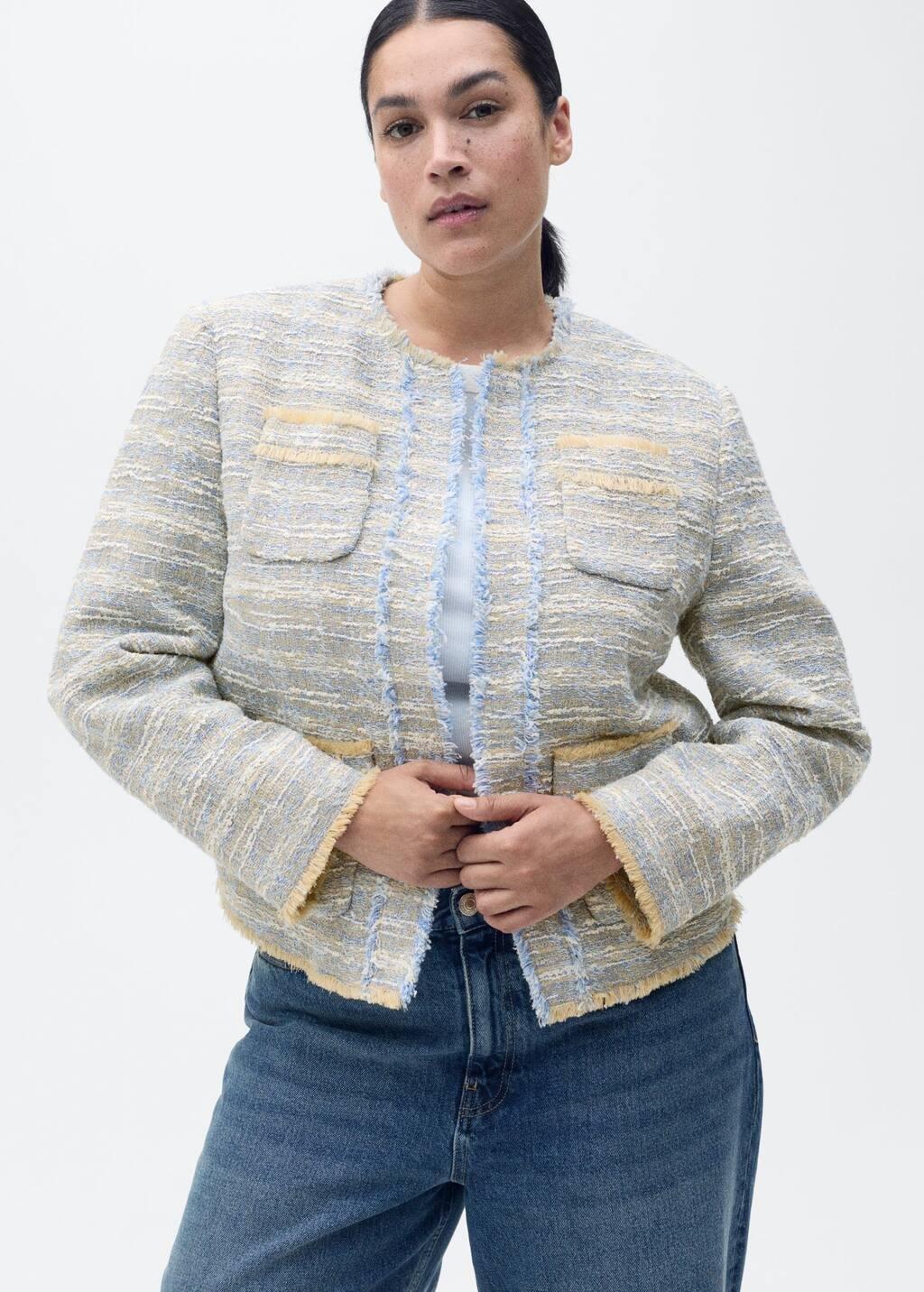 Blue Lt Pastel Tweed Jacket With Frayed Ends, , large image number 8