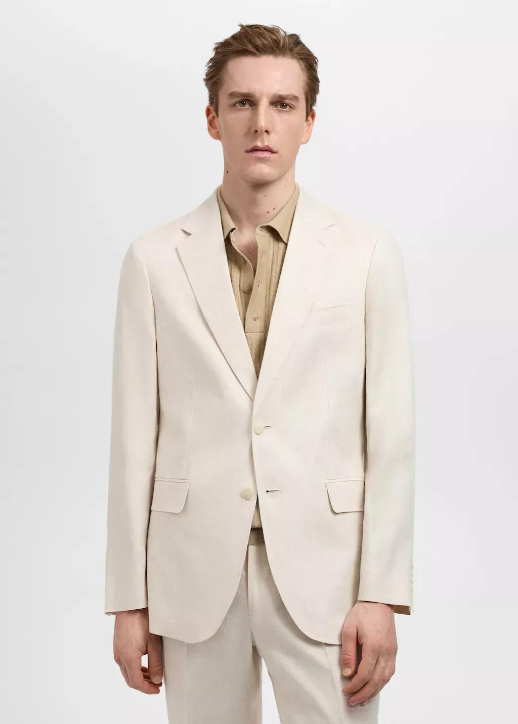 Beige Slim Fit 100% Linen Suit Blazer, , large image number 0