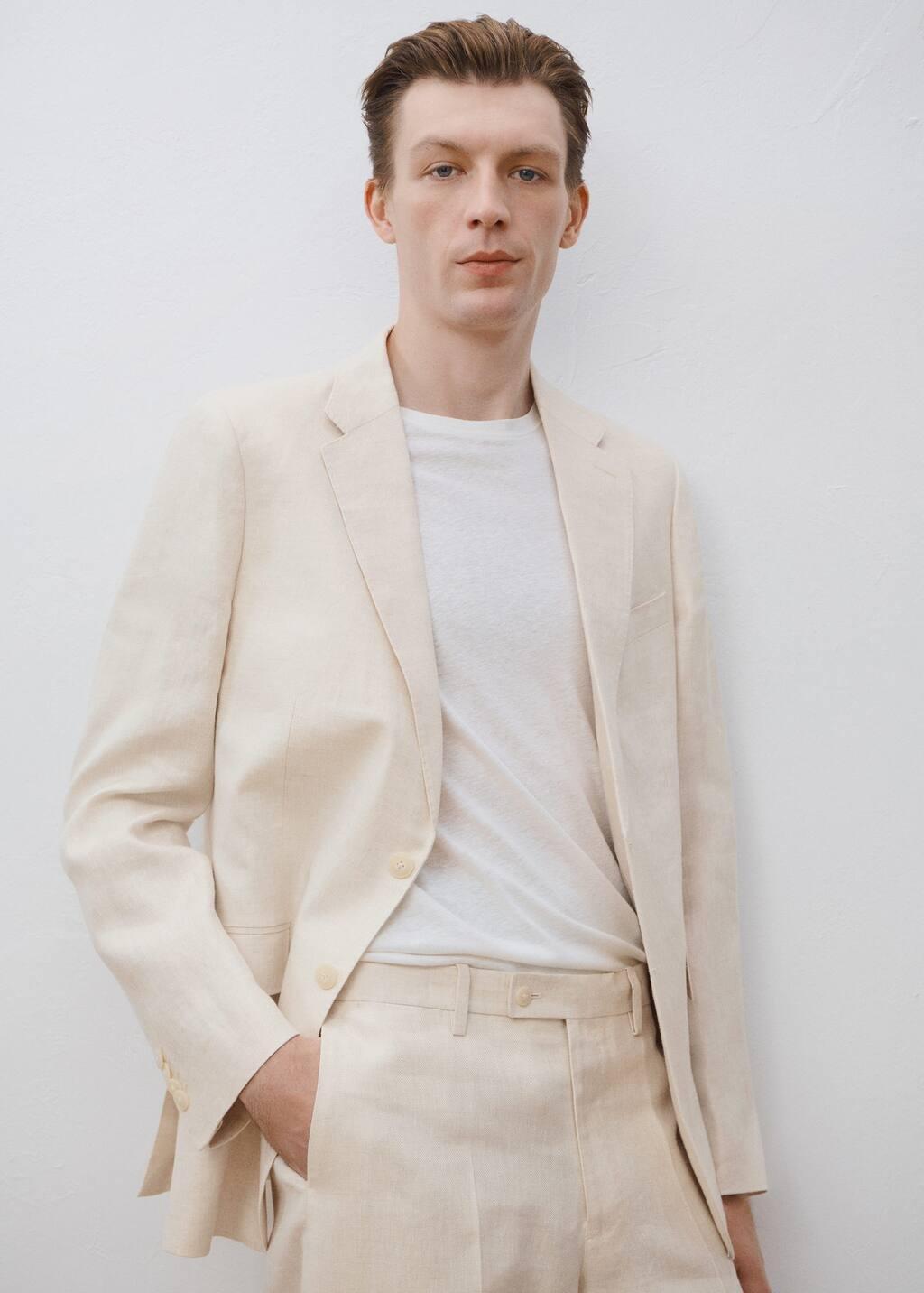 Beige Slim Fit 100% Linen Suit Blazer, , large image number 9