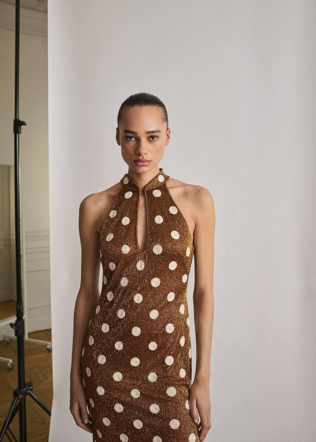 Brown Rhinestone Polka-Dot Halter Dress, , large image number 1