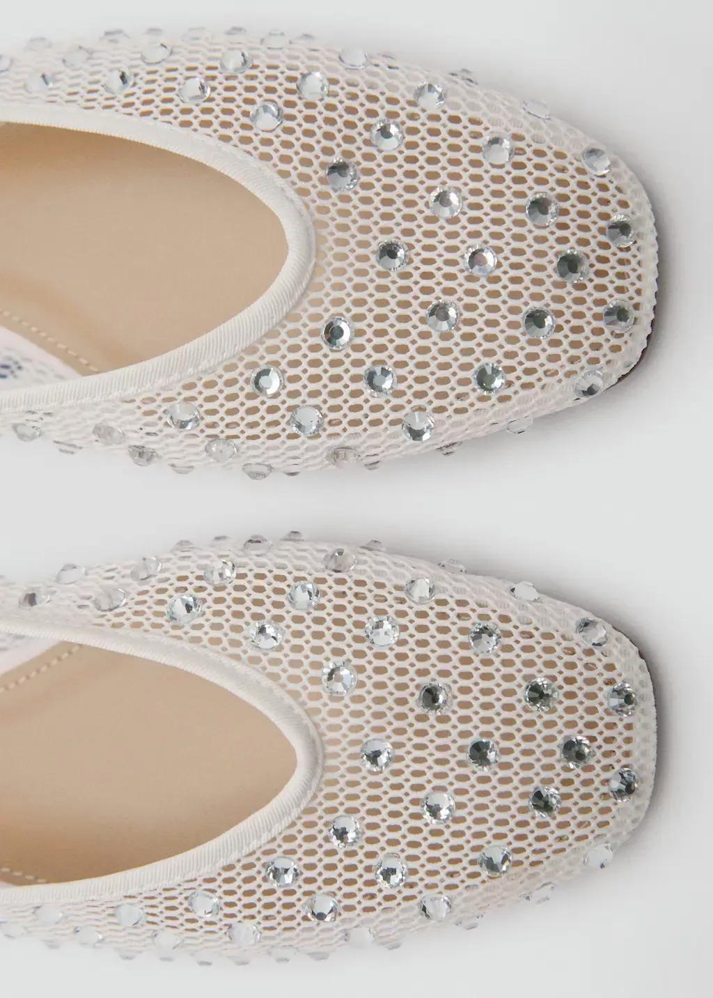 White Rhinestone Mesh Flat Shoes, White, large image number 1