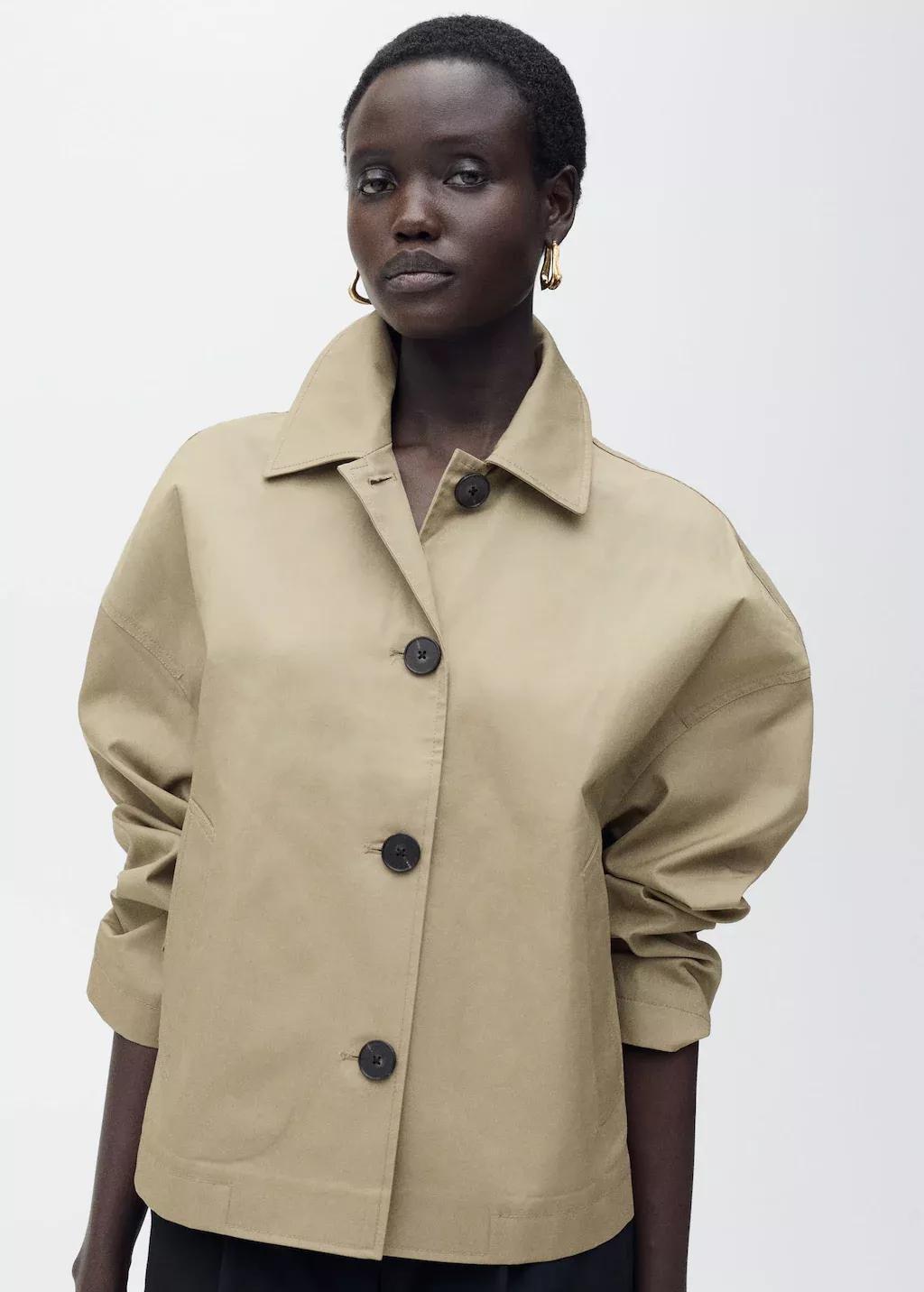 Khaki Straight Cotton Jacket With Buttons, , large image number 0