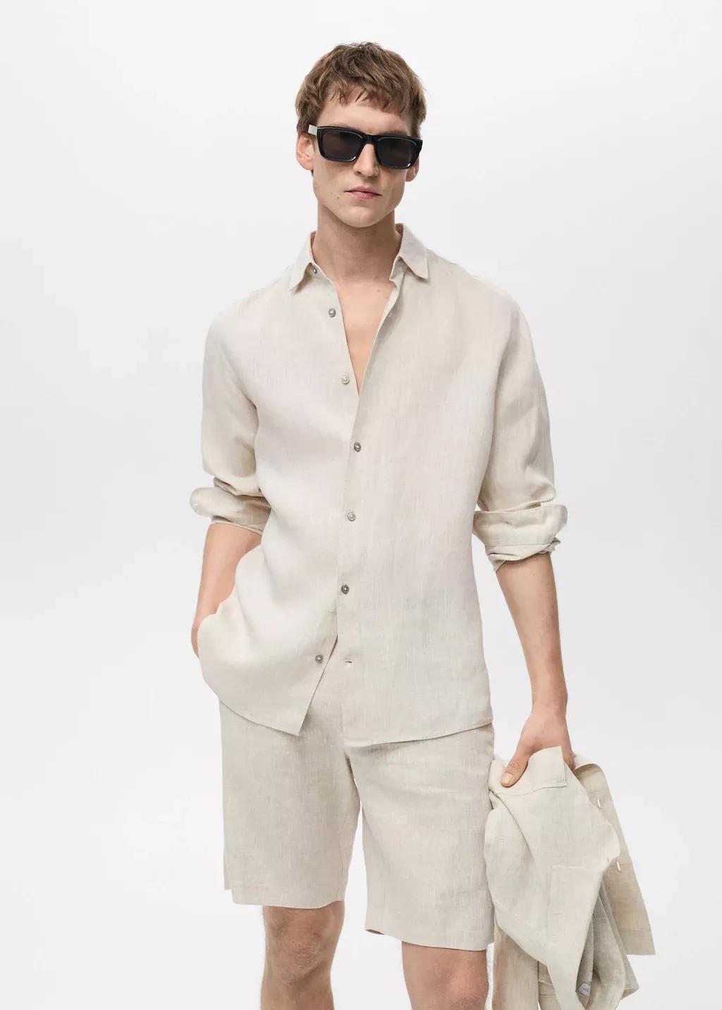 Brown Lt Pastel 100% Linen Regular Fit Shirt, , medium