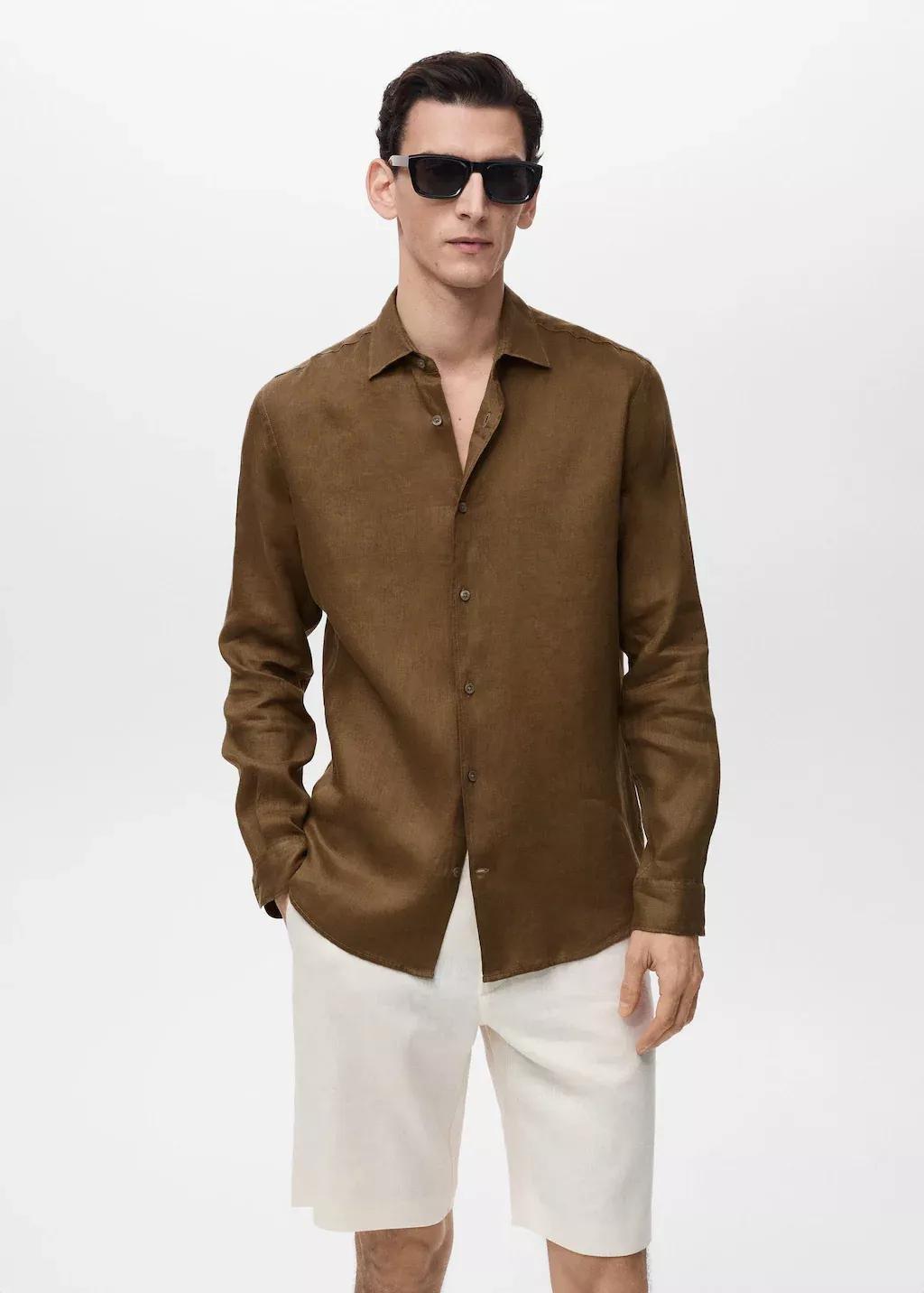 Khaki 100% Linen Regular Fit Shirt, , medium