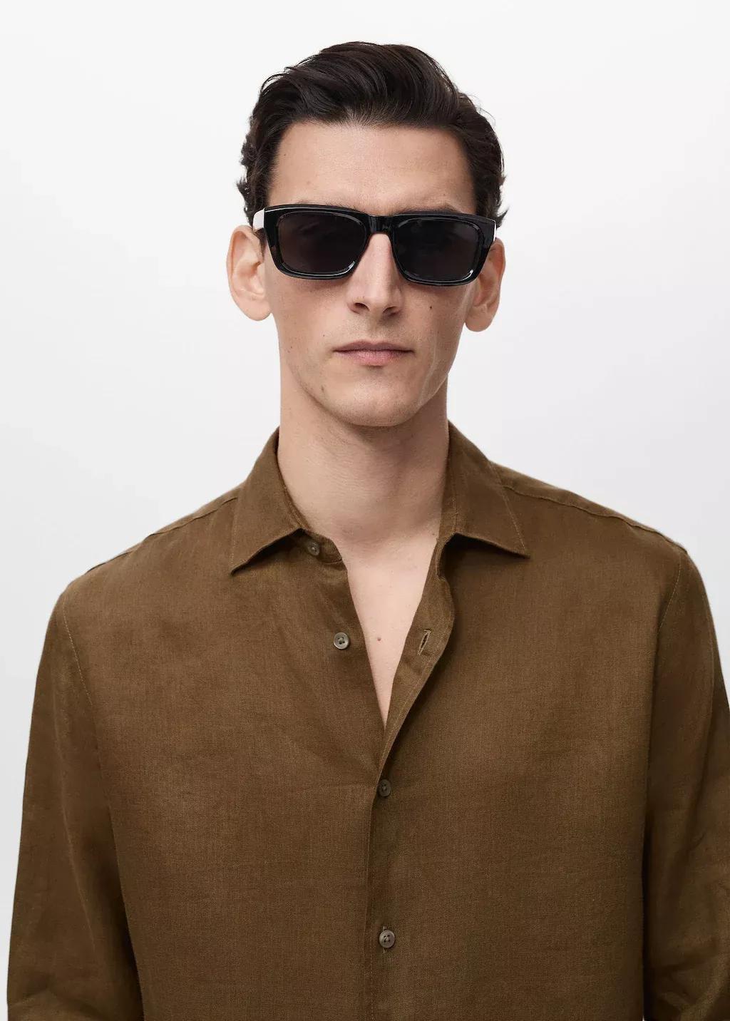Khaki 100% Linen Regular Fit Shirt, , large image number 1