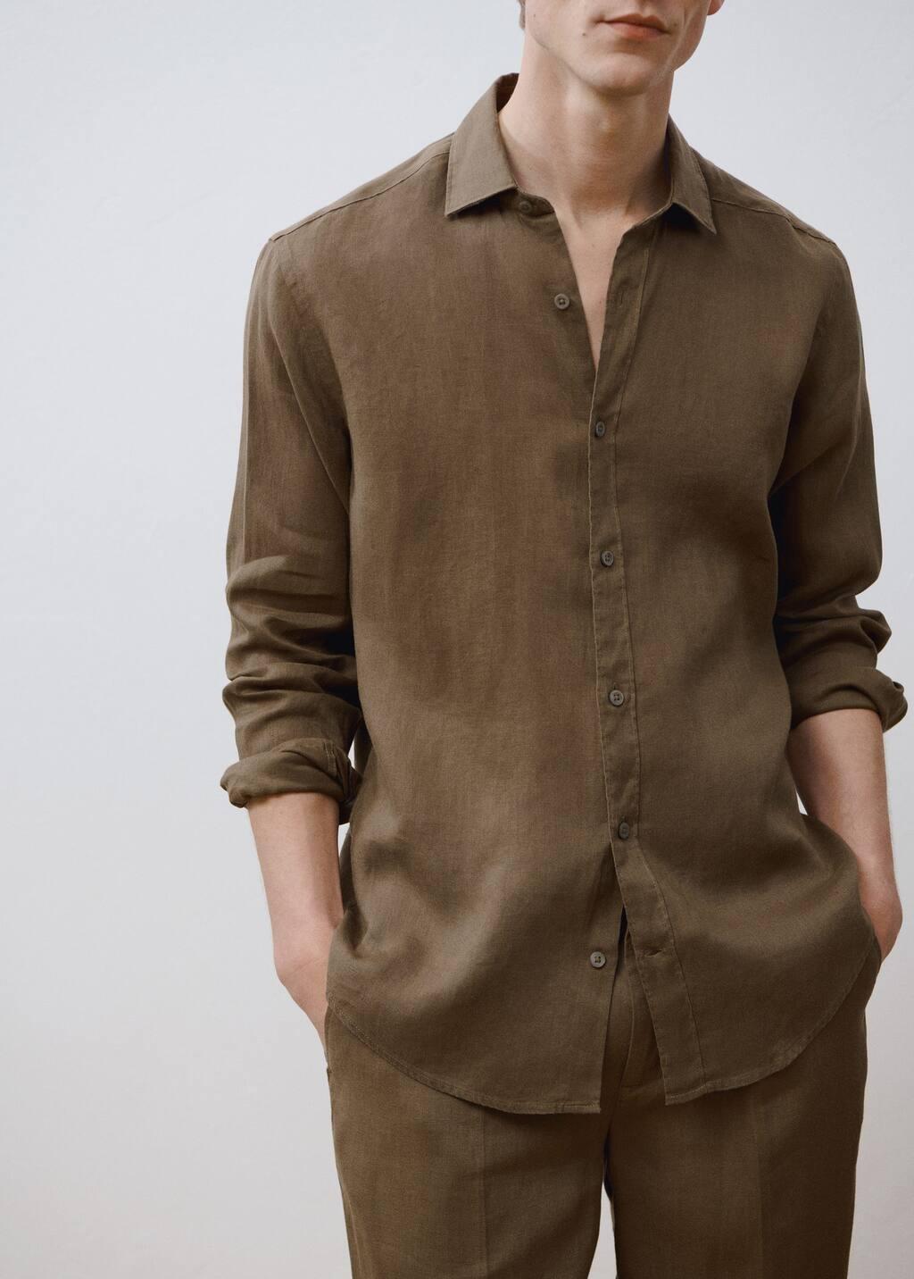Khaki 100% Linen Regular Fit Shirt, , large image number 5