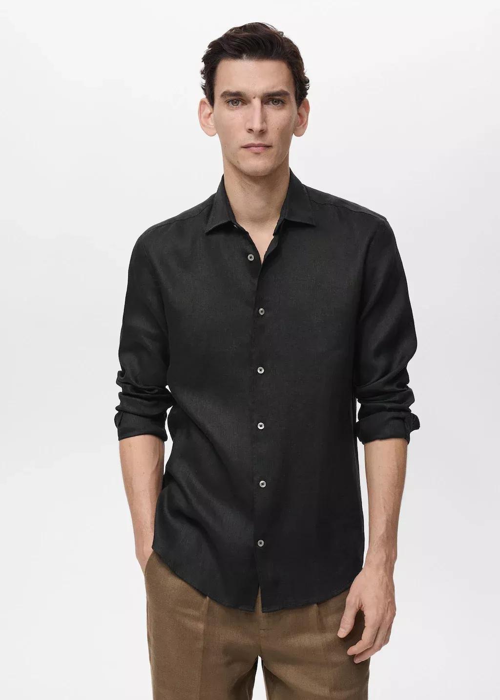 Black 100% Linen Regular Fit Shirt, , medium