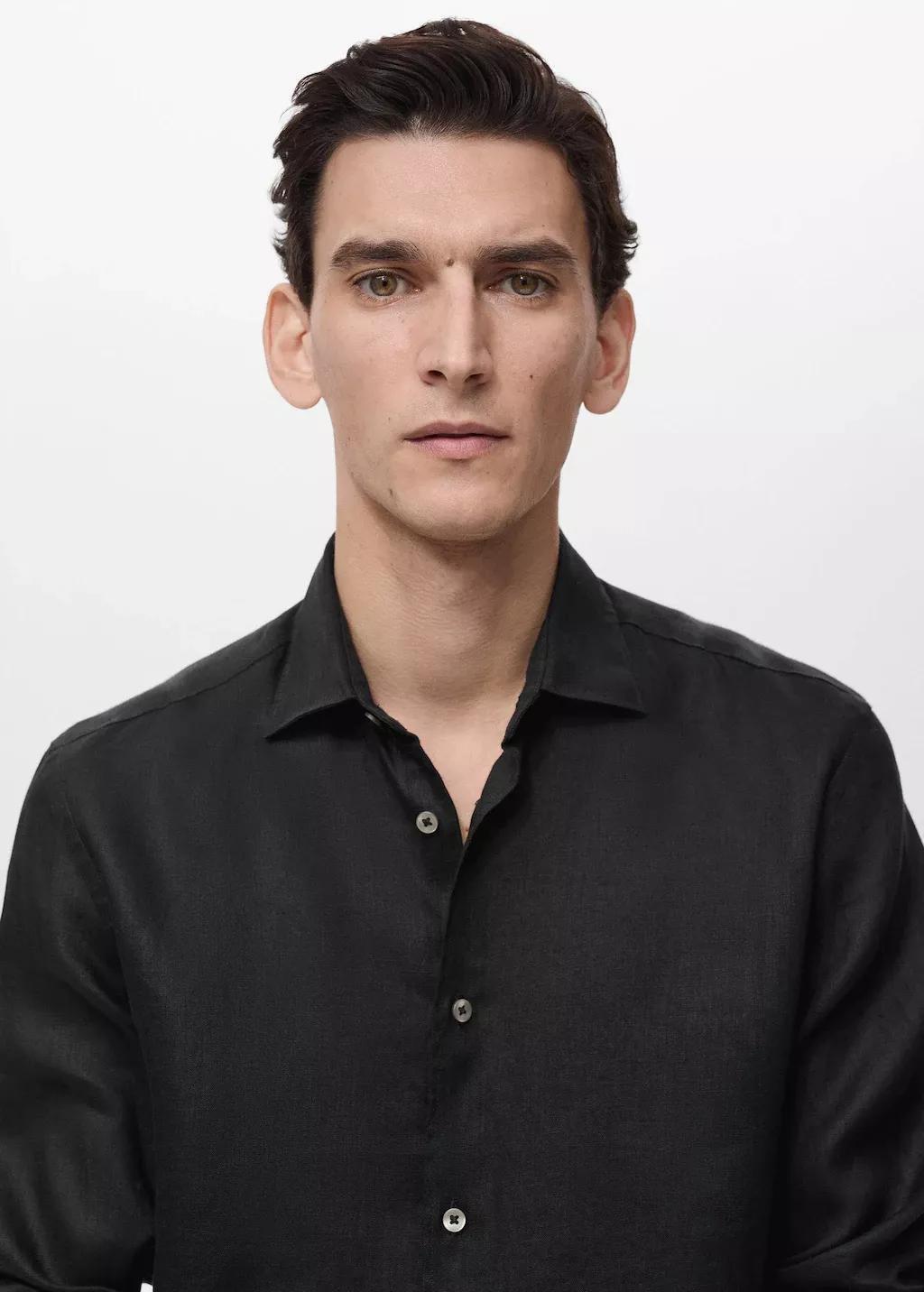 Black 100% Linen Regular Fit Shirt, , large image number 1
