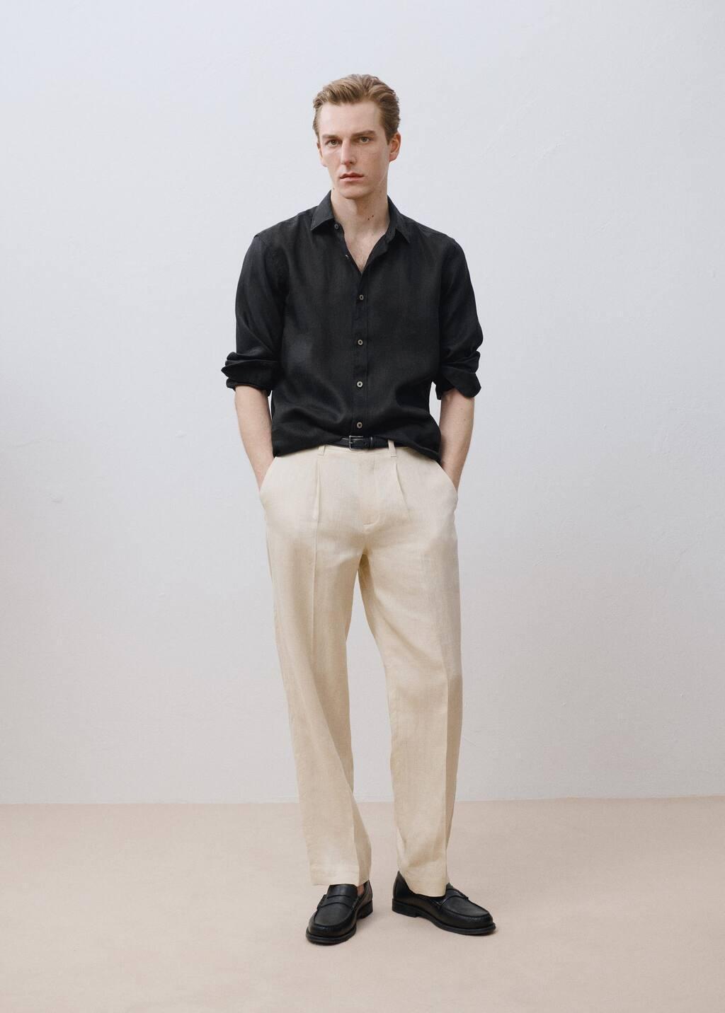 Black 100% Linen Regular Fit Shirt, , large image number 5