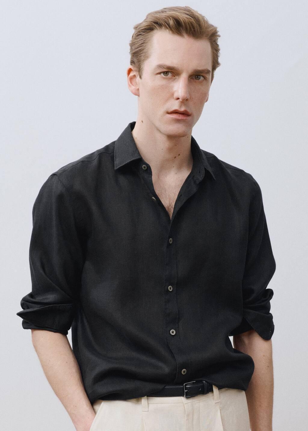 Black 100% Linen Regular Fit Shirt, , large image number 7