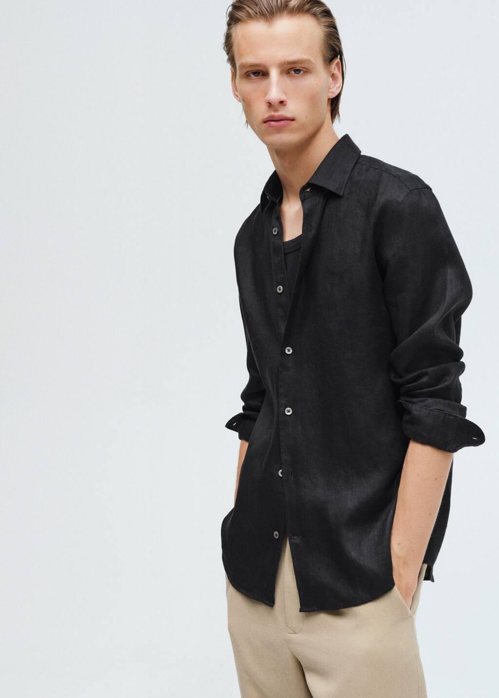 Black 100% Linen Regular Fit Shirt, , large image number 8