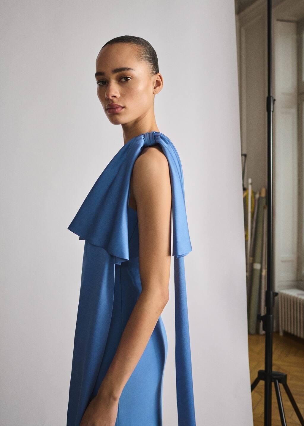 Blue Lt Pastel Draped Satin Dress With Bow Detail, , large image number 1