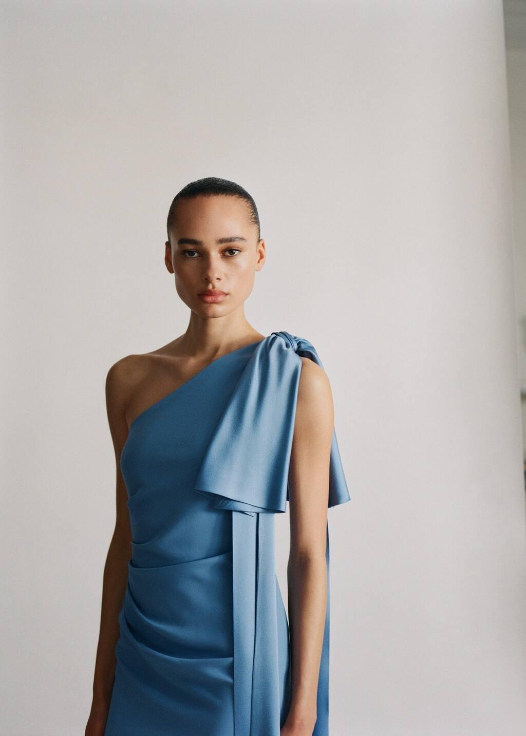 Blue Lt Pastel Draped Satin Dress With Bow Detail, , large image number 3