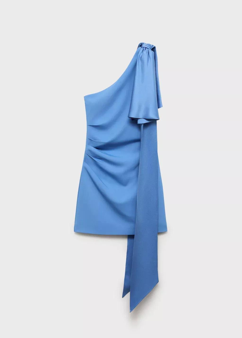 Blue Lt Pastel Draped Satin Dress With Bow Detail, , large image number 4