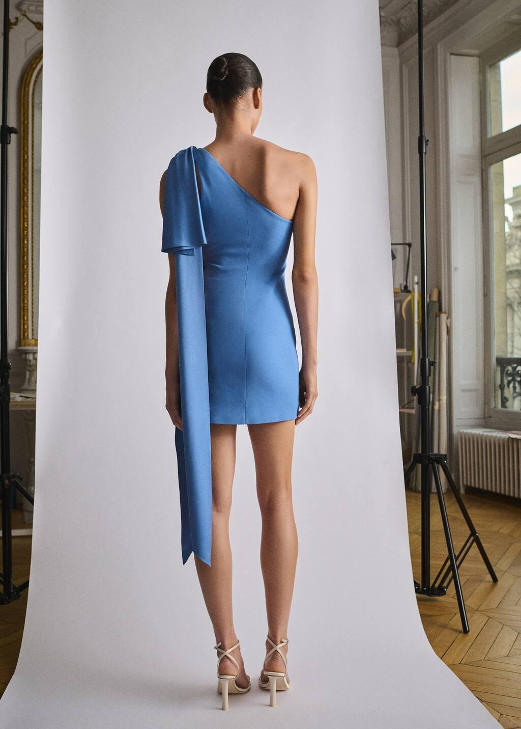 Blue Lt Pastel Draped Satin Dress With Bow Detail, , large image number 5