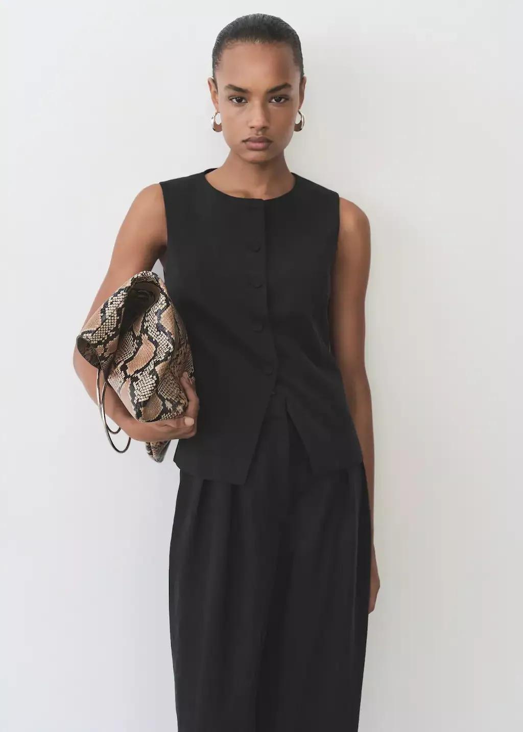 Black Straight Lyocell Suit Vest, , large image number 0