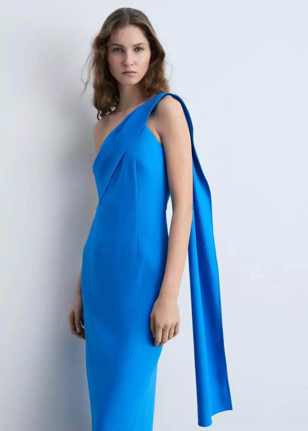 Blue Asymmetrical Bow-Neck Dress, , large image number 0