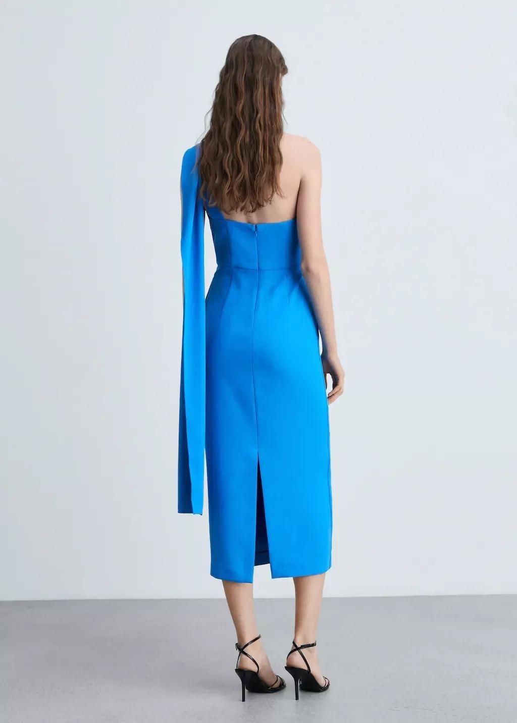 Blue Asymmetrical Bow-Neck Dress, , large image number 5