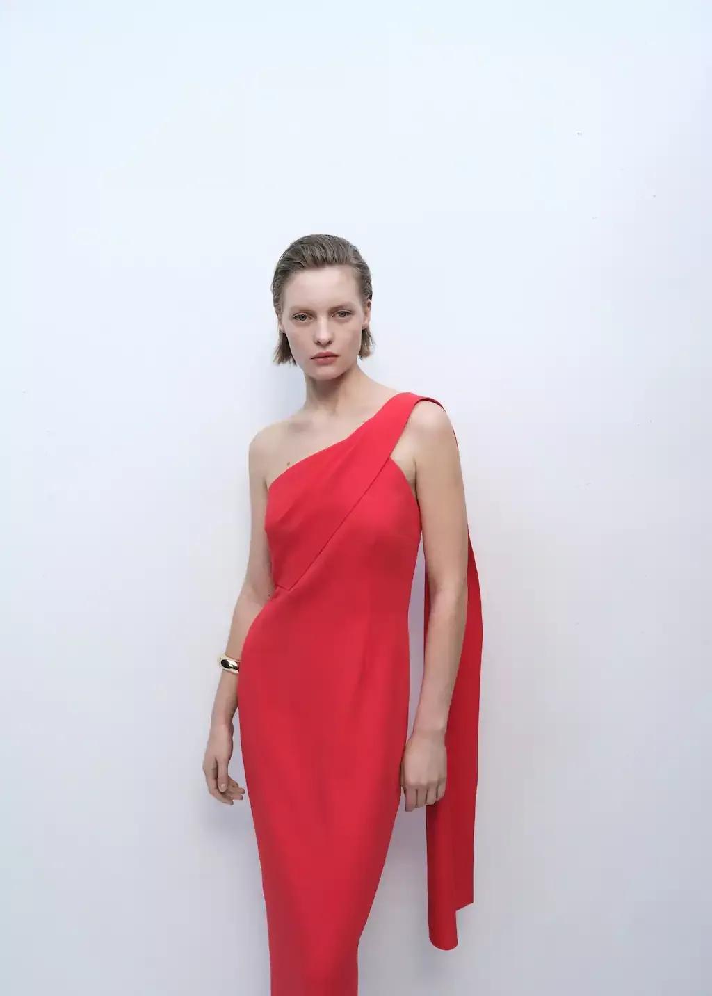 Red Asymmetric Formal Midi Dress, , medium