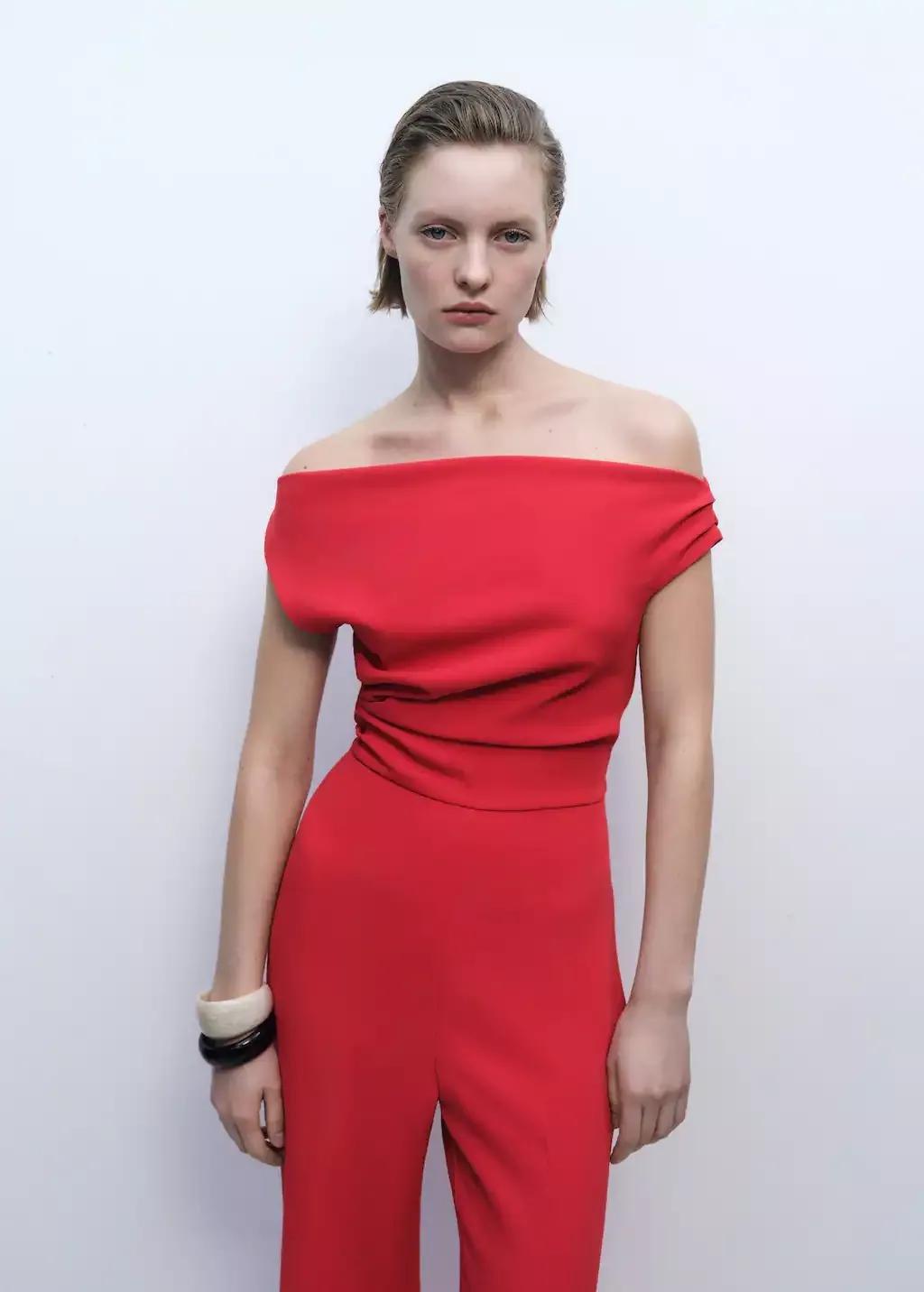 Red Long Asymmetrical Draped Jumpsuit, , large image number 0