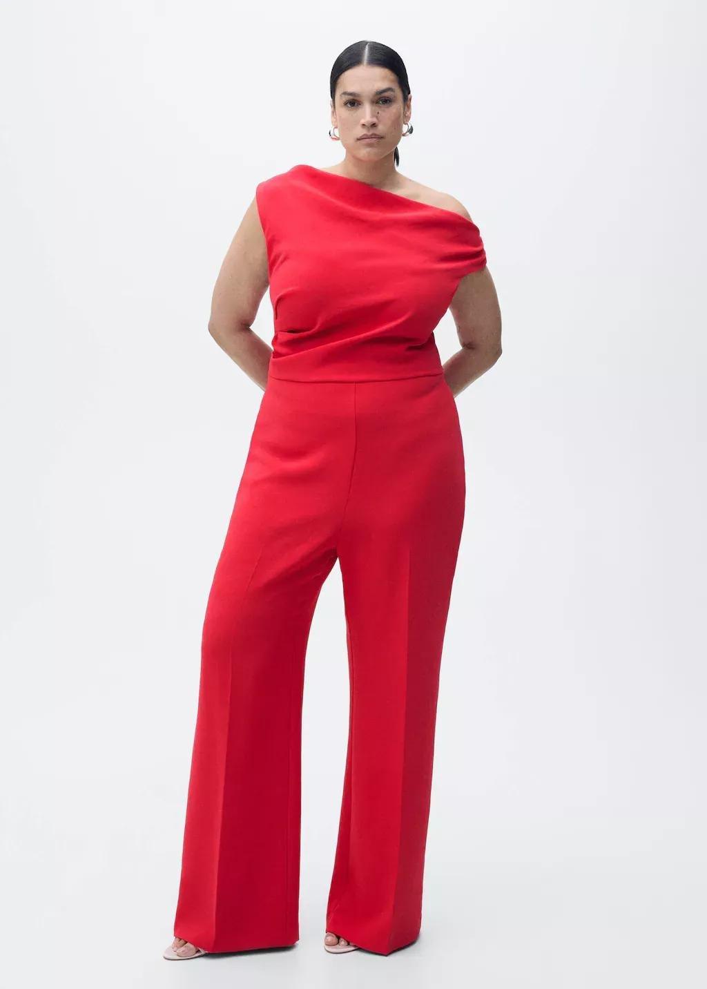Red Long Asymmetrical Draped Jumpsuit, , large image number 4