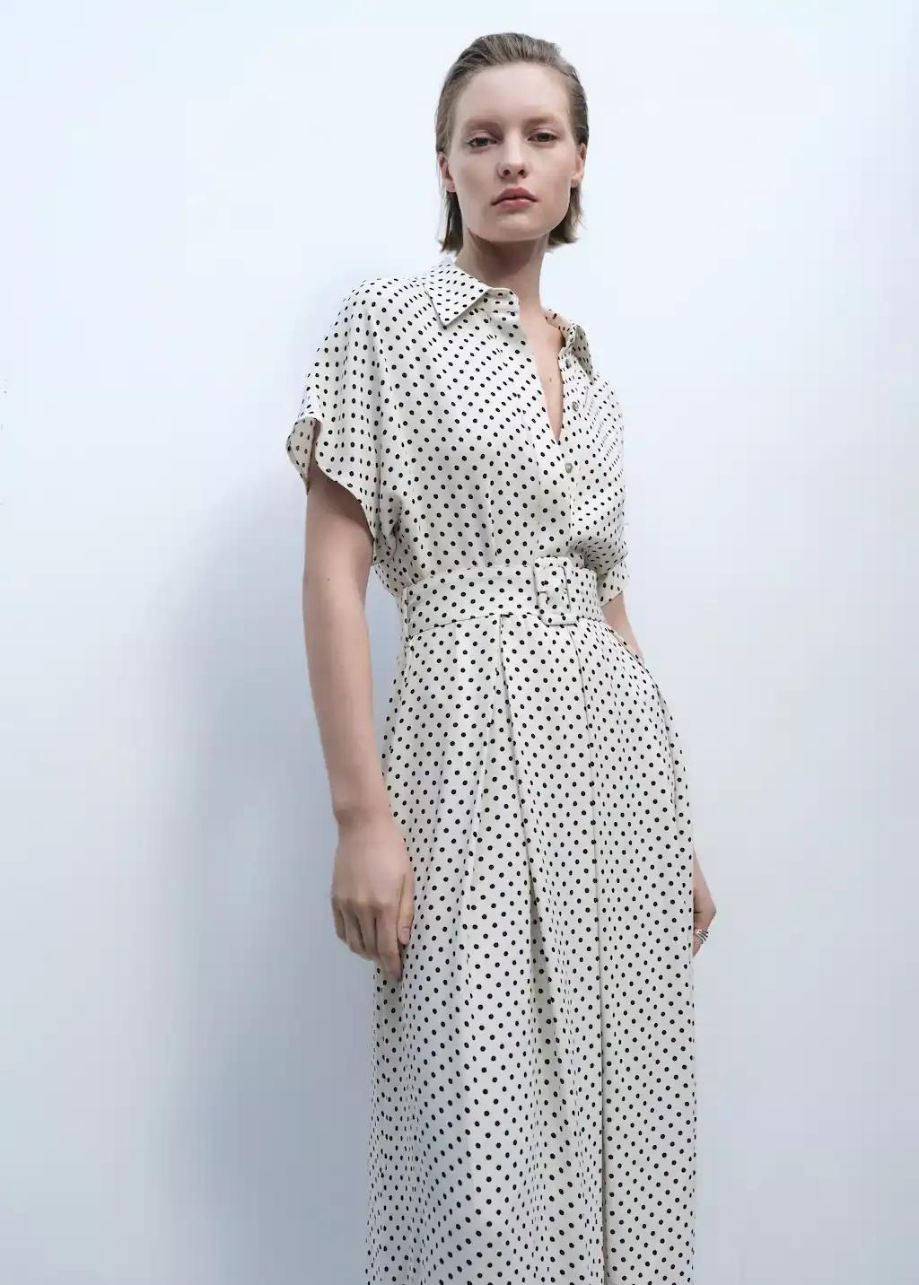 White Polka-Dot Dress With Belt, , large image number 0