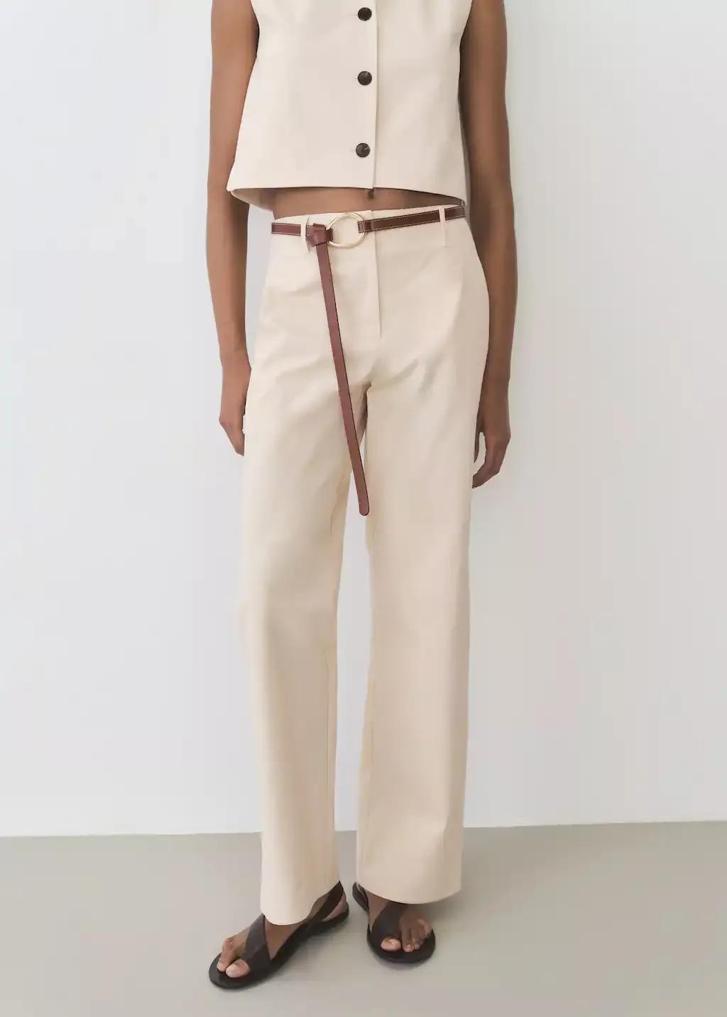 Beige Mid-Rise Straight-Fit Cotton Trousers, , medium
