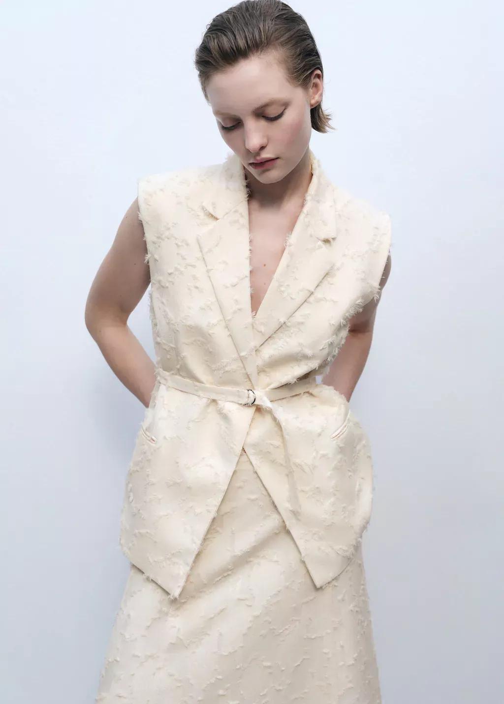 White Textured Waistcoat With Belt, , large image number 0