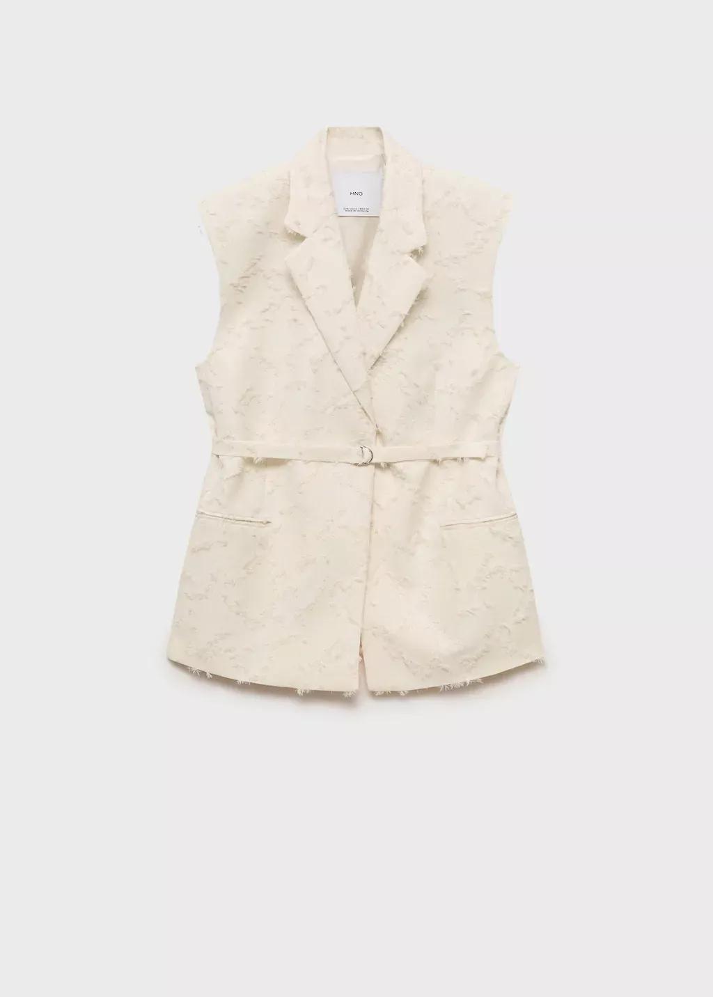White Textured Waistcoat With Belt, , large image number 3