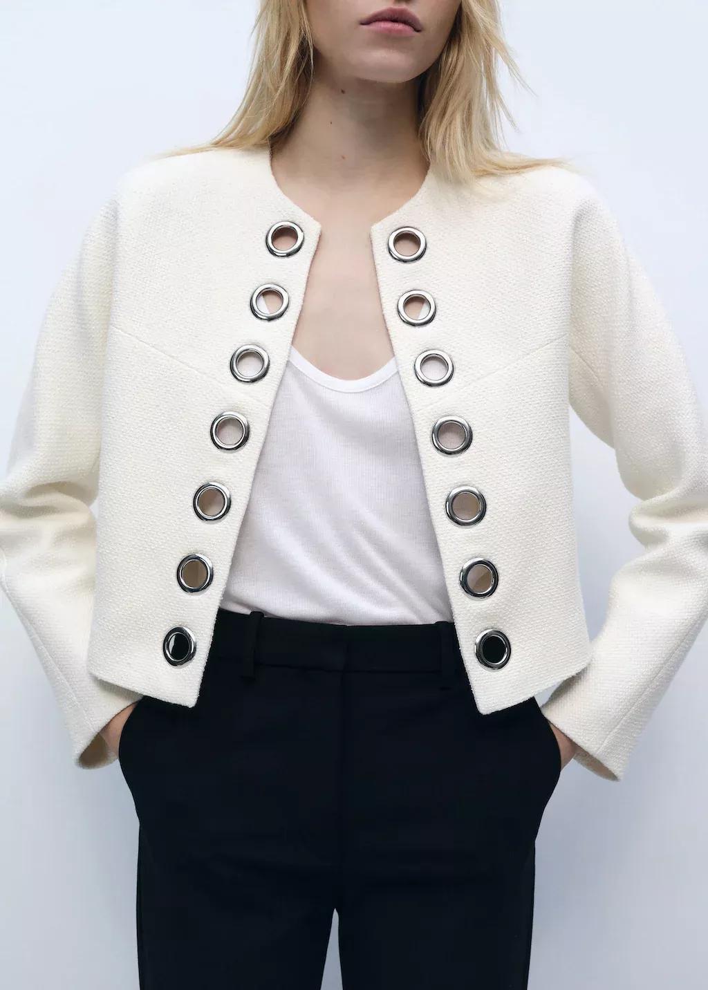 White Cotton Jacket With Die-Cut Trim, , large image number 0