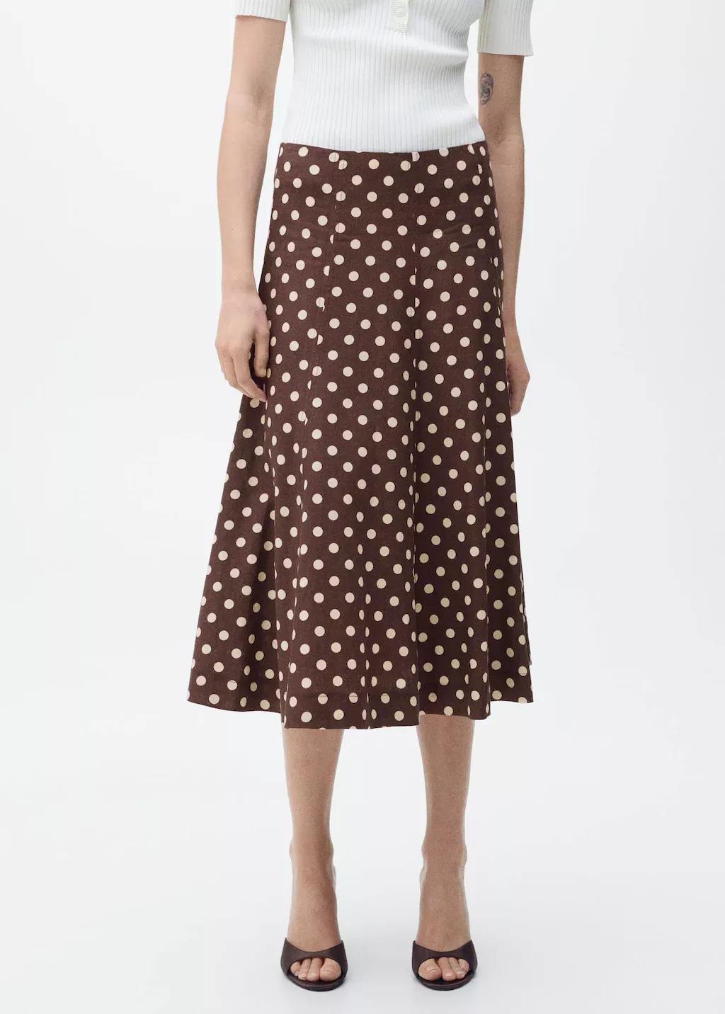 DARK BROWN Flared linen skirt with polka dots, , medium