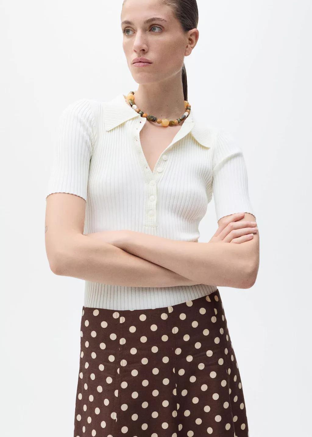 DARK BROWN Flared linen skirt with polka dots, , large image number 1