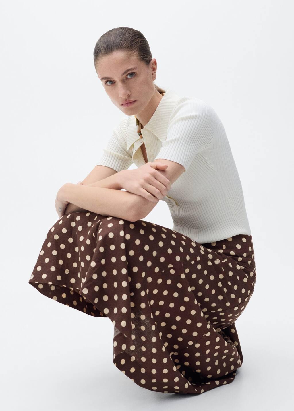 DARK BROWN Flared linen skirt with polka dots, , large image number 2