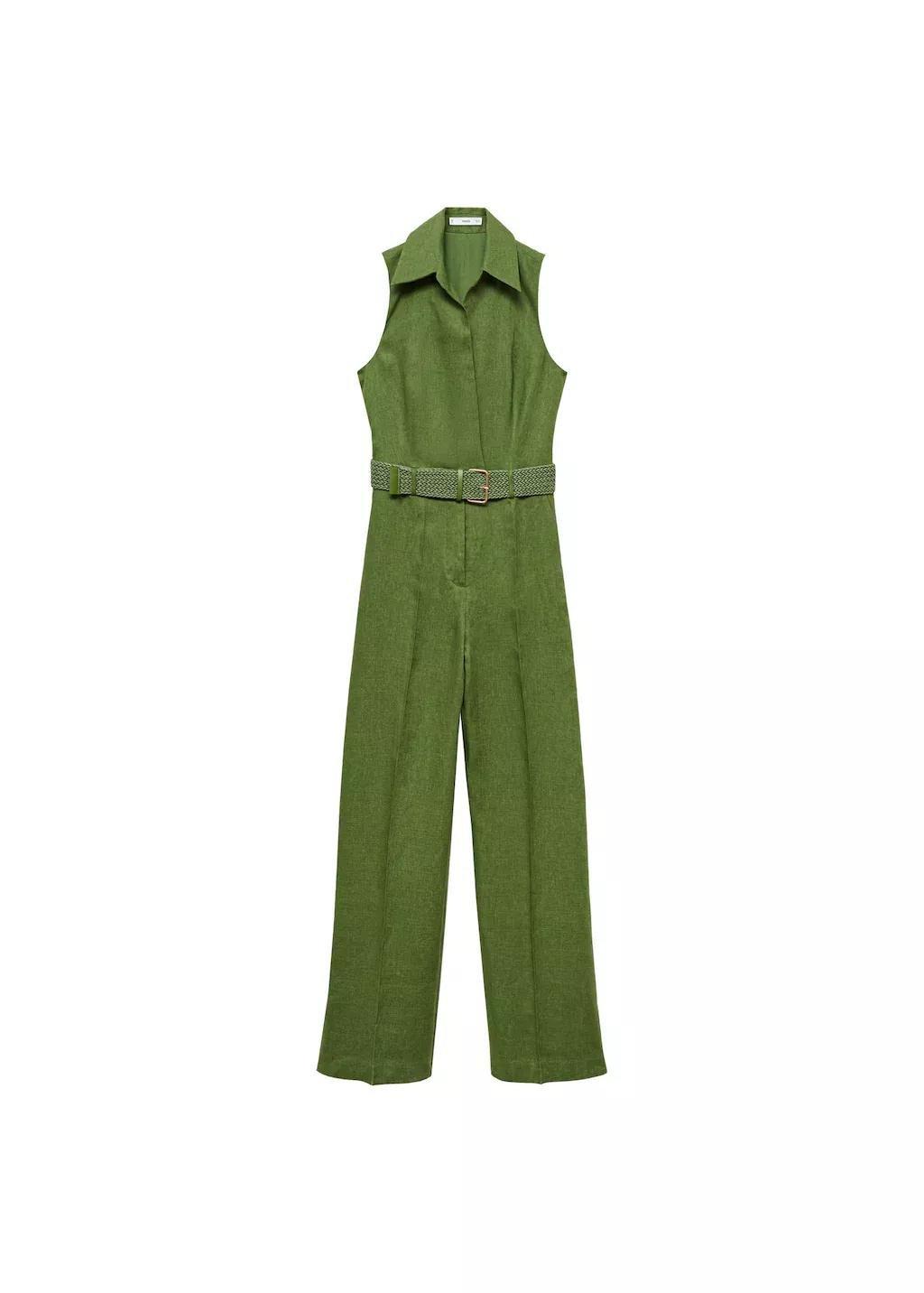 Green Belted Linen Shirt Jumpsuit, , large image number 0