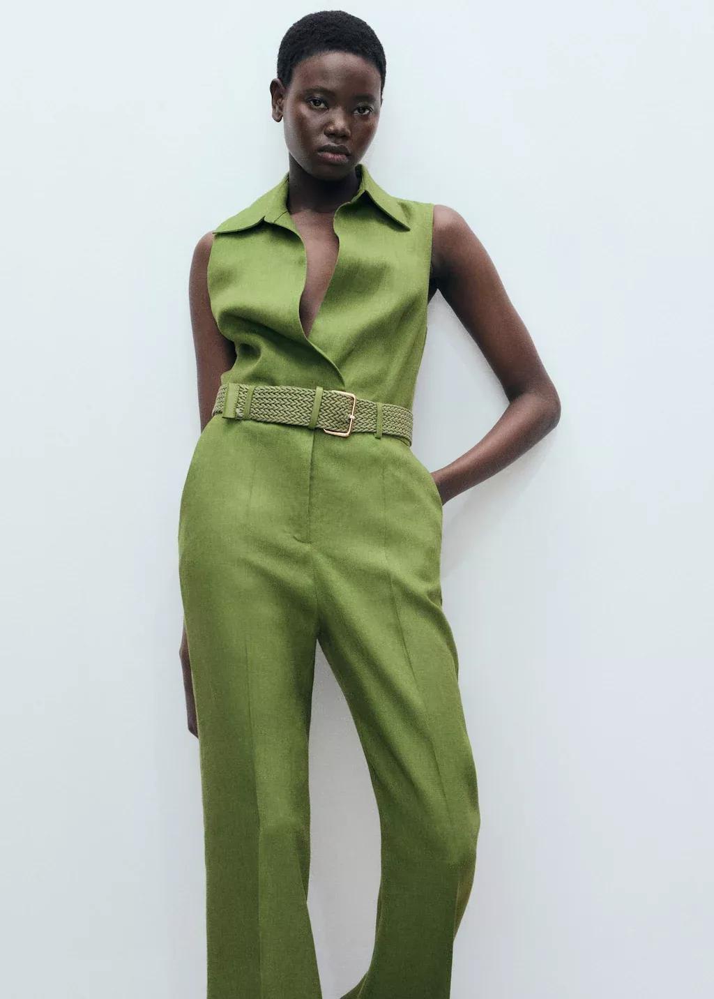 Green Belted Linen Shirt Jumpsuit, , large image number 1