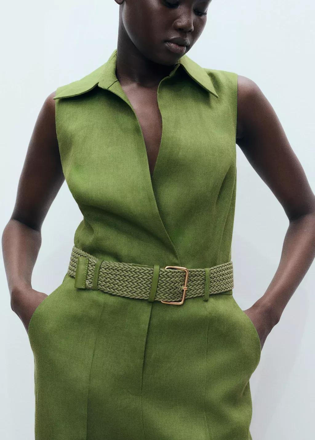 Green Belted Linen Shirt Jumpsuit, , large image number 2