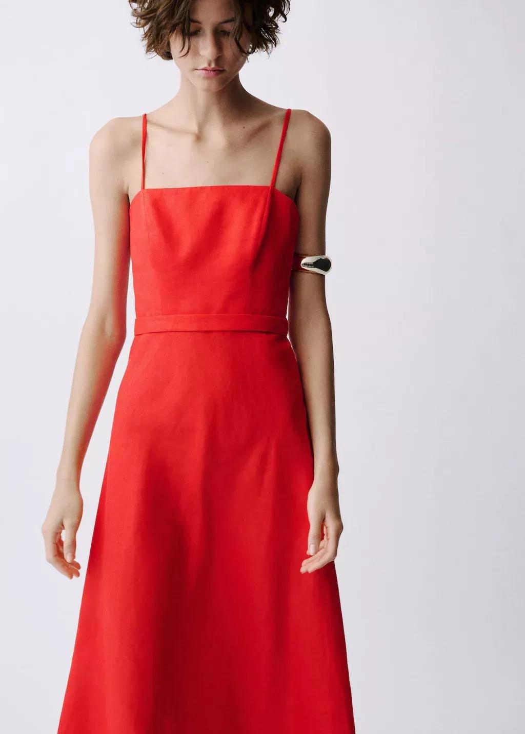 Red Bow Linen-Blend Dress, , large image number 2