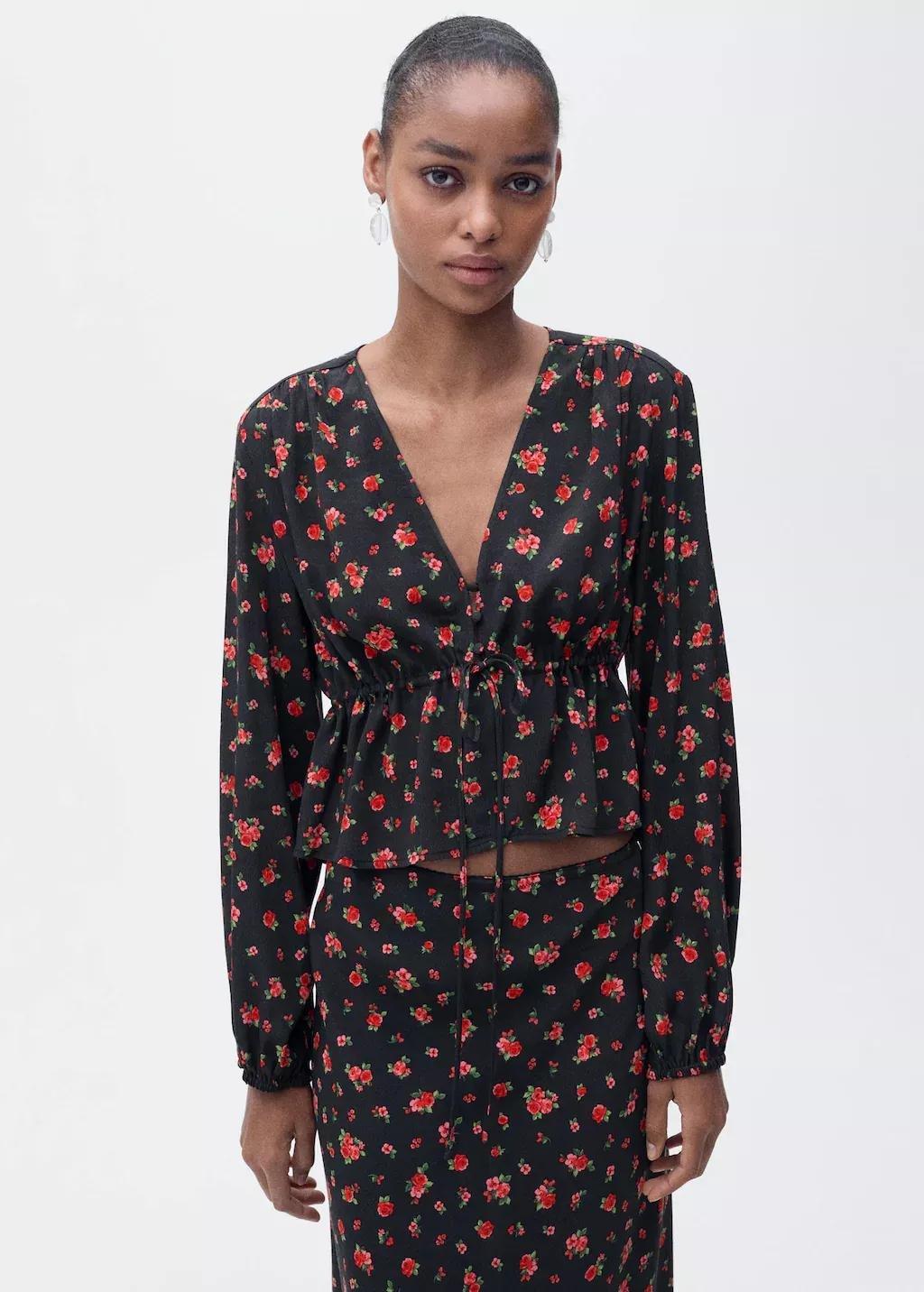 Black Ruffled Floral Blouse, , medium