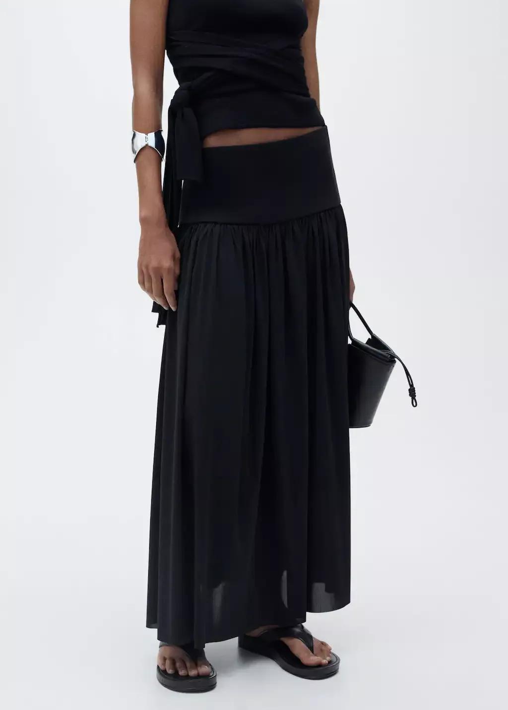 Black Long Gathered Skirt, , large image number 0