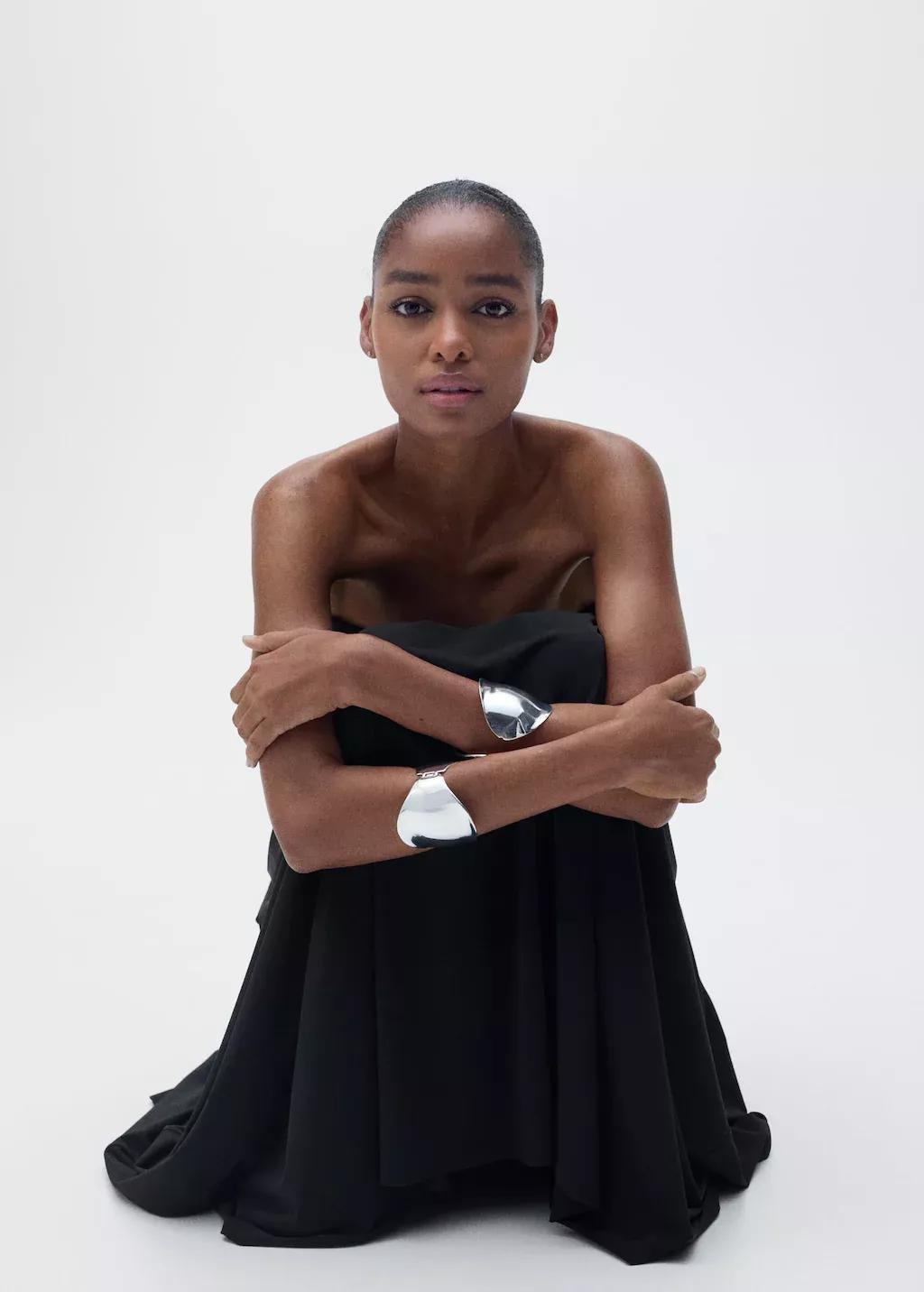 Black Long Gathered Skirt, , large image number 1