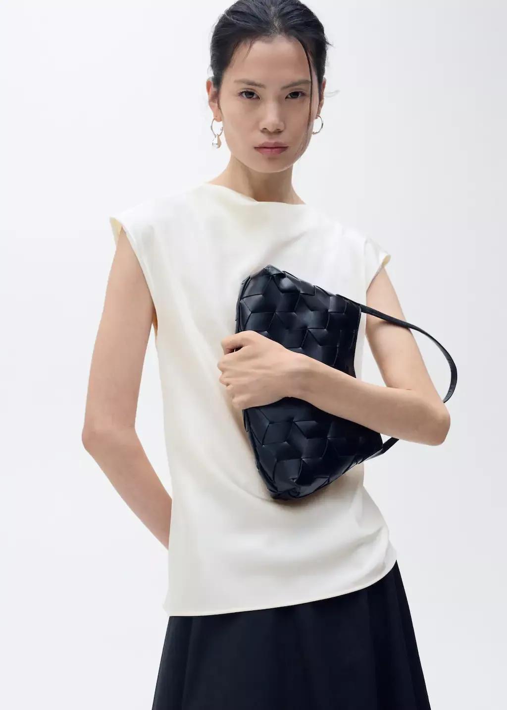 White Satin Blouse With Draped Neck, , medium