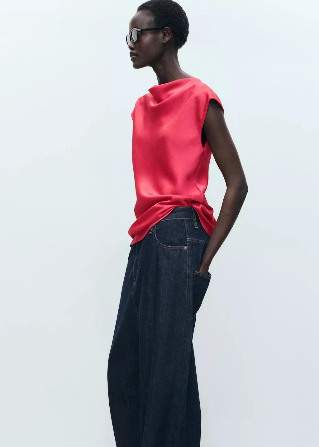 Red Satin Blouse With Draped Neck, , large image number 0