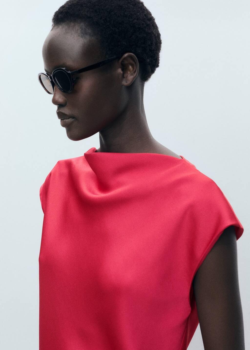 Red Satin Blouse With Draped Neck, , large image number 1